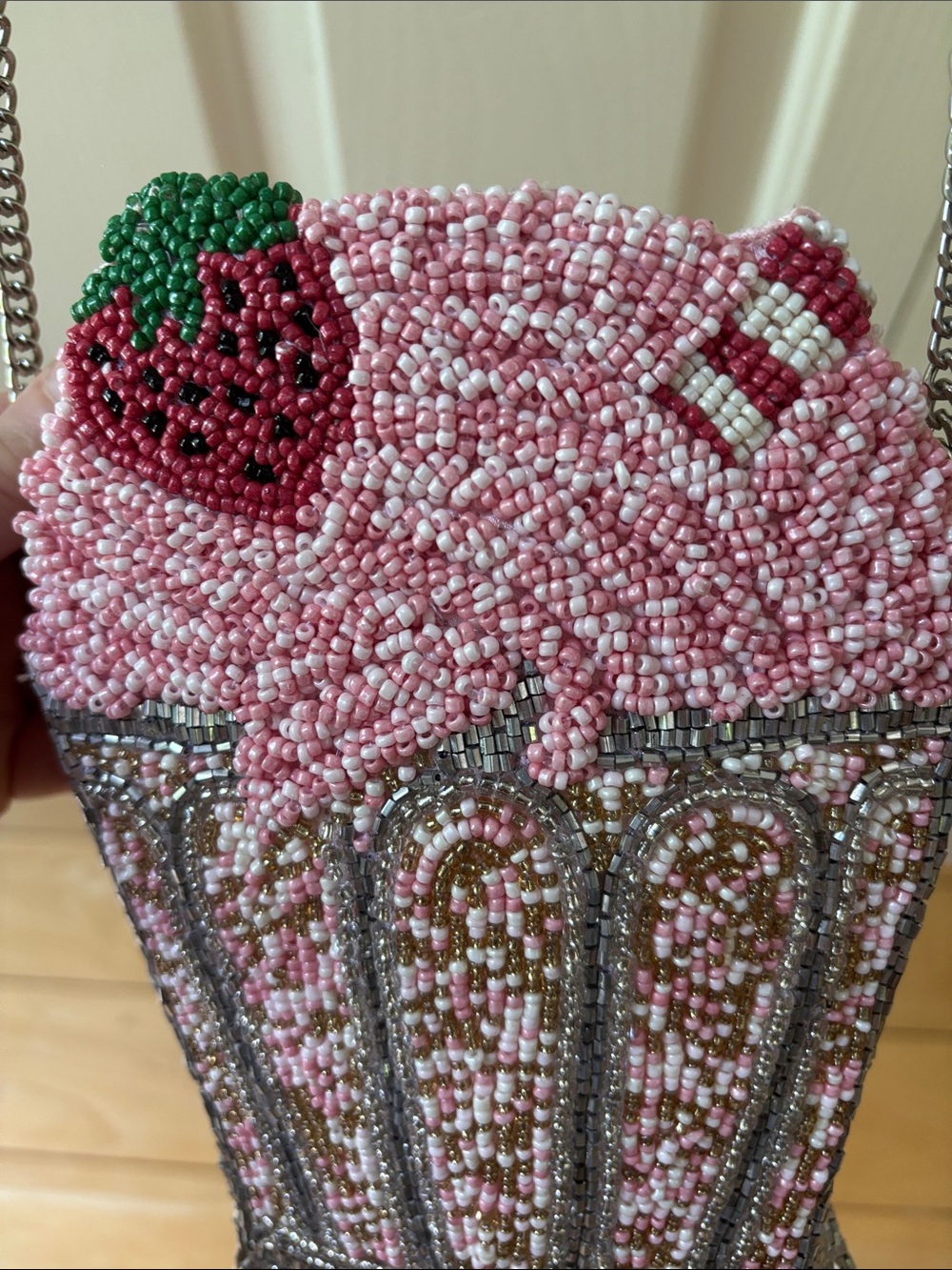 Made in India Beaded Pink and Silver Strawberry Milkshake Crossbody Bag - Picture 2 of 12